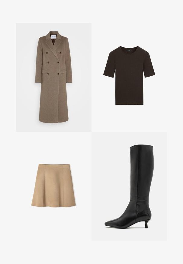 Manteau en laine marron à double boutonnage avec revers crantés, deux poches avant et boutons marron contrastants. Longueur atteignant le mollet.; T-shirt à col rond à manches courtes de couleur marron foncé, au design uni avec un col côtelé, étiqueté Massimo Dutti au niveau du col.; Jupe en tricot beige avec une silhouette évasée, présentant des coutures verticales et une texture lisse. L'ourlet se termine au-dessus de la mi-cuisse.; Zign Bottes - black