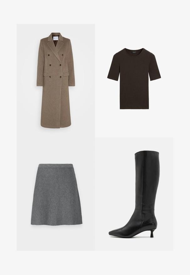 Brun uldfrakke med dobbelte knapper og klapkrave, to forlommer og kontrasterende brune knapper. Længden når midt på læggen.; Mørkebrun kortærmet t-shirt med rund hals, enkel design med ribbet krave, mærket Massimo Dutti ved kraven.; Grå uldnederdel med en tætsiddende talje, A-linjeform og glat tekstur. Ingen lommer eller synlige hardwaredetaljer.; Zign Høje støvler/ Støvler - black