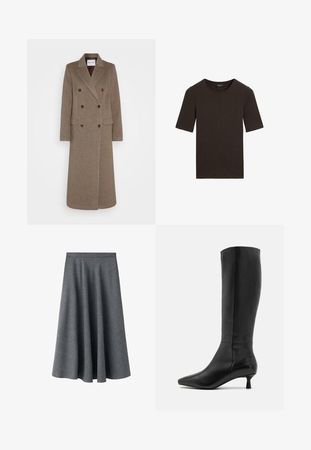 Manteau en laine marron à double boutonnage avec revers crantés, deux poches avant et boutons marron contrastants. Longueur atteignant le mollet.; T-shirt à col rond à manches courtes de couleur marron foncé, au design uni avec un col côtelé, étiqueté Massimo Dutti au niveau du col.; Jupe midi A-line grise en tissu mélangé de laine texturée. Dispose d'une taille haute et d'une silhouette fluide et évasée.; Zign Bottes - black