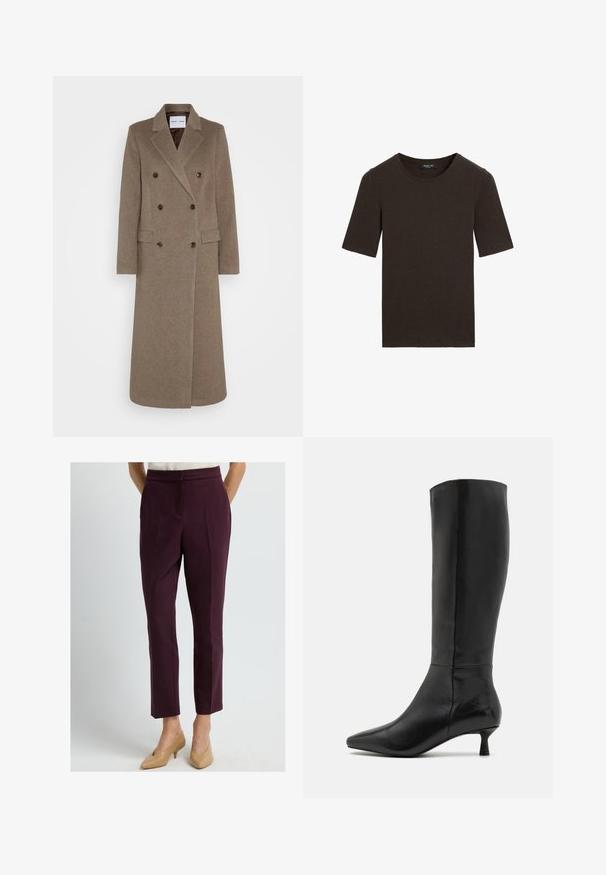 Podwójnie zapięty brązowy wełniany płaszcz z klapami, dwoma przednimi kieszeniami i kontrastowymi brązowymi guzikami. Długość sięga do połowy łydki.; Ciemnobrązowy t-shirt z krótkim rękawem i okrągłym dekoltem, prosty wzór z prążkowanym wykończeniem dekoltu, z metką Massimo Dutti na kołnierzyku.; Kobieta w dopasowanych burgundowych spodniach do kostek i beżowych butach na niskim obcasie z ostrym noskiem, stojąca na jednolitym tle.; Zign - Kozaki
