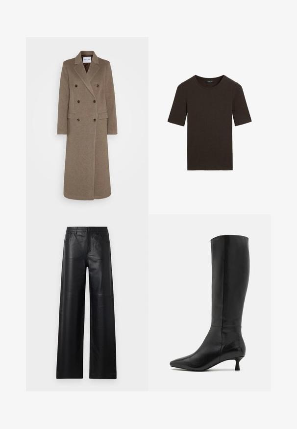 Double-breasted brown wool coat with notched lapels, two front pockets, and contrasting brown buttons. Length reaches mid-calf.; Dark brown short-sleeve crew neck t-shirt, plain design with ribbed neckline, labeled Massimo Dutti at the collar.; Wide-leg black leather pants with a smooth texture, featuring front pockets, a button closure, and subtle stitching details.; Zign Boots - black