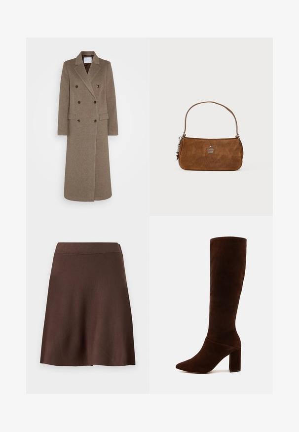 Dvigubos rudos vilnos švarko su įpjovomis apykaklėmis, dviem priekinėm kišenėm ir kontrastingais rudais mygtukais. Ilgis siekia vidurinę blauzdą.; Smėlio spalvos ilgos rankovės golfo megztinis, pagamintas iš minkštos, tekstūruotos medžiagos; turi siaurą siluetą ir aukštą apykaklę. Nėra matomų raštų ar detalių.; Ruda A formos sijonas su elastine juostele, lygios trikotažo tekstūros ir švelniu išlankstymu apatinėje dalyje priešais vienodą šviesią foną.; Rudos suedinės kelio ilgio batai su smailiu pirštu ir stambiu kvadratiniu kulnu. Lygus paviršius, prigludusi koja ir be matomų užsegimų.; Ruda suedinė rankinė su trumpa rankena. Yra sidabrinis logotipas, žvaigždutės akcentas ir lygus paviršius. Kompaktinė stačiakampio forma.