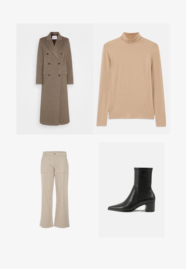 Dvigubos rudos vilnos švarko su įpjovomis apykaklėmis, dviem priekinėm kišenėm ir kontrastingais rudais mygtukais. Ilgis siekia vidurinę blauzdą.; Smėlio spalvos ilgos rankovės golfo megztinis, pagamintas iš minkštos, tekstūruotos medžiagos; turi siaurą siluetą ir aukštą apykaklę. Nėra matomų raštų ar detalių.; Bežinės kordūrojo plačios kelnės su vertikaliomis juostelėmis, turinčios dvi priekinės kišenes ir vieną mygtuką. Minkšta tekstūra ir laisvas siluetas.; Juodos odinės aulinės botai, turintys smailią nosį, storą kulną ir ryškiai išryškintą siuvinėjimą viršutinėje dalyje.