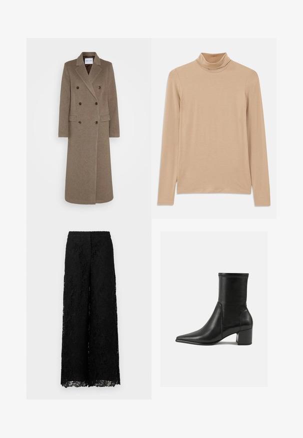 Dubbelzijdige bruine wollen jas met geknipte revers, twee zijzakken en contrasterende bruine knopen. De lengte reikt tot halverwege de kuit.; Beige langmouw turtleneck top gemaakt van zachte, textuurstof; heeft een slim fit en hoge halslijn. Geen zichtbare patronen of hardware.; Zwarte kanten culottes met bloemmotieven, wijd uitlopende pijpen en een gekartelde zoom. Gemaakt van lichtgewicht, gestructureerd kantmateriaal.; Zwarte enkelboot van soepel leer, met een spitse neus, een blokhak en duidelijke verhoogde stiksels aan de bovenrand.