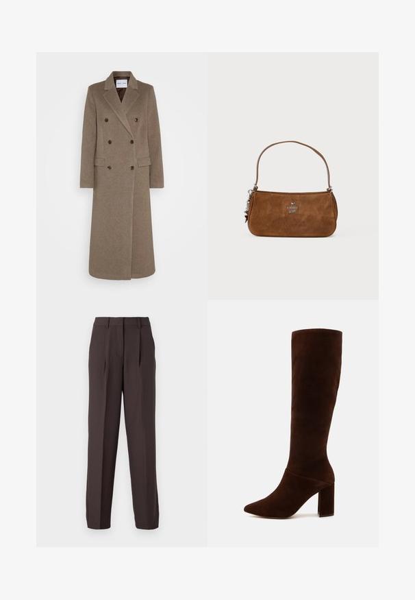 Dvojradový hnedý vlnený kabát s klopami, dvoma prednými vreckami a kontrastnými hnedými gombíkmi. Dĺžka dosahuje po polovicu lýtok.; Béžový dlhý rukáv turtleneck top vyrobený z mäkkej, textúrovanej látky; má priliehavý strih a vysoký výstrih. Žiadne viditeľné vzory ani hardware.; JJXX JXELLIS WIDE - Nohavice - seal brown; Hnedá semišová vysoká čižma po kolená s špicatou špičkou a robustným štvorcovým opätkom. Hladký povrch s priliehavým zvrškom a bez viditeľných zapínaní.; Hnedá semišová kabelka s krátkym popruhom. Obsahuje strieborné logo, akcent s hviezdou a hladký povrch. Kompaktný obdĺžnikový tvar.