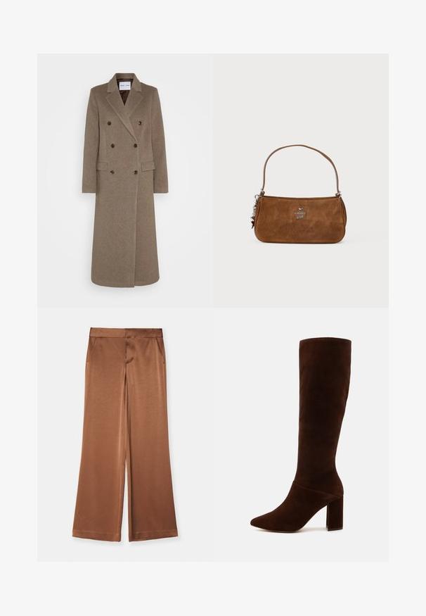 Double-breasted brown wool coat with notched lapels, two front pockets, and contrasting brown buttons. Length reaches mid-calf.; Beige long-sleeve turtleneck top made of soft, textured fabric; features a slim fit and high neckline. No visible patterns or hardware.; Brown wide-leg trousers made of satin, featuring side pockets, a smooth texture, and a tailored waistband for a structured fit.; Brown suede knee-high boot with a pointed toe and a chunky square heel. Smooth texture with a fitted shaft and no visible fastenings.; Brown suede handbag with a short strap. Features a silver logo, star accent, and smooth texture. Compact rectangular shape.