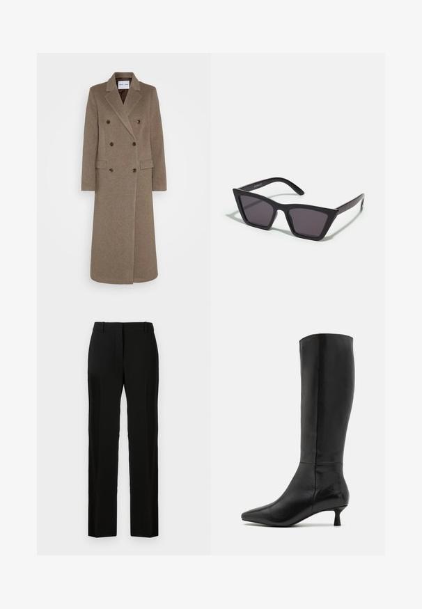 Doppelreiher brauner Wollmantel mit schmalen Revers, zwei vorderen Taschen und kontrastierenden braunen Knöpfen. Die Länge reicht bis zur Mitte der Waden.; Langarmshirt aus schwarzem, weichem Stoff, mit weitem Ausschnitt und leicht lockerer Passform, ohne sichtbare Muster oder Hardware-Details.; Schwarze Hose mit geradem Bein, aus glattem Stoff, mit flachem Bund, Gürtelschlaufen und ohne sichtbare Muster oder Akzente.; Zign Stiefel - black; Schwarze, eckige Sonnenbrille mit grauen Gläsern; aus Kunststoff gefertigt, mit dicken Bügeln, die eine glatte Oberfläche und keine sichtbaren Beschläge haben.