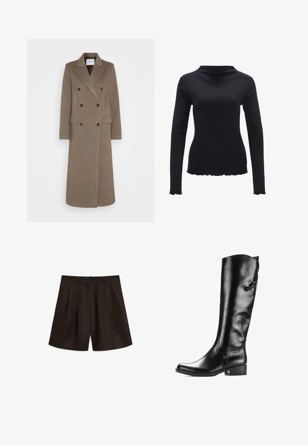 Dubbelzijdige bruine wollen jas met geknipte revers, twee zijzakken en contrasterende bruine knopen. De lengte reikt tot halverwege de kuit.; Zwarte lange mouwen top van gladde stof, met een mock neck ontwerp en een gegolfde zoom. Geen zichtbare patronen of hardwareaccenten.; Massimo Dutti PLEATED BERMUDA - Shorts - dark brown; Zwarte leren kniehoog laars met een ronde neus, een lichte hak, een zijgesp-detail en een gladde, glanzende textuur.