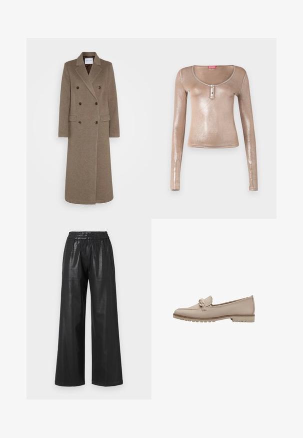 Dvojitě zapínaný hnědý vlněný kabát s klopami, dvěma předními kapsami a kontrastními hnědými knoflíky. Délka kabátu dosahuje do poloviny lýtek.; Halenka s dlouhým rukávem, přiléhavého střihu, vyrobená z metalického béžového materiálu, s výstřihem do véčka a tříknoflíkovou légou, z toho dva černé knoflíky.; Černé široké kalhoty z umělé kůže se širokým elastickým pasem, obsahující dvě boční kapsy a hladký, lesklý povrch.; Beige kožené mokasíny s prošívaným švem a dekorativním uzlem na nártu. Mají strukturovanou gumovou podrážku pro lepší přilnavost a mírné odpružení.