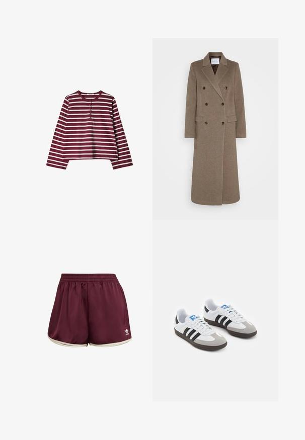 Abrigo de lana marrón de doble botonadura con solapas muesca, dos bolsillos delanteros y botones marrones contrastantes. La longitud alcanza la mitad de la pantorrilla.; Camisa de manga larga color marrón con rayas horizontales blancas, presenta un escote redondo y cinco botones decorativos en la parte delantera, diseño corto.; adidas Originals SPRINTER - Shorts - maroon cream white; Zapatillas deportivas con parte superior de piel blanca, puntera de ante gris y tres rayas negras. Presentan un logo azul en la lengüeta y una suela de goma texturizada.