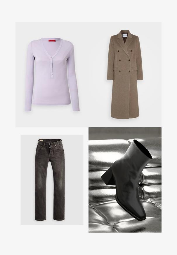 Casaco de lã castanho de duplo peito com lapelas recortadas, dois bolsos frontais e botões castanhos em contraste. O comprimento chega até à metade da panturrilha.; Top lilás de manga longa com decote em V, apresentando uma abertura com cinco botões e um tecido leve e macio. Design simples e ajustado.; Jeans de perna reta em cinza escuro feitos de denim, com fecho de botão, design de cinco bolsos e um discreto detalhe de desbotamento no tecido.; Botim preto de tornozelo feito de material brilhante, com bico quadrado e salto afunilado, posicionado contra um fundo prateado brilhante com detalhes acolchoados.