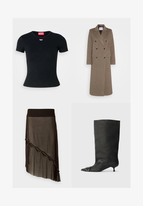 Dubbelzijdige bruine wollen jas met geknipte revers, twee zijzakken en contrasterende bruine knopen. De lengte reikt tot halverwege de kuit.; Zwart geribbeld t-shirt met een ronde crewneck. Heeft een klein rood Diesel-logo op de borst. Korteblaasjes en een aansluitende pasvorm.; Zwarte mesh rok met een aansluitende tailleband, een asymmetrische zoom, decoratieve knopen aan de voorkant en gelaagde doorschijnende textuur.; Zwarte leren enkelboot met een spitse neus, een kleine hak en metalen accentdetails op de neus. Gladde, matte textuur overal.