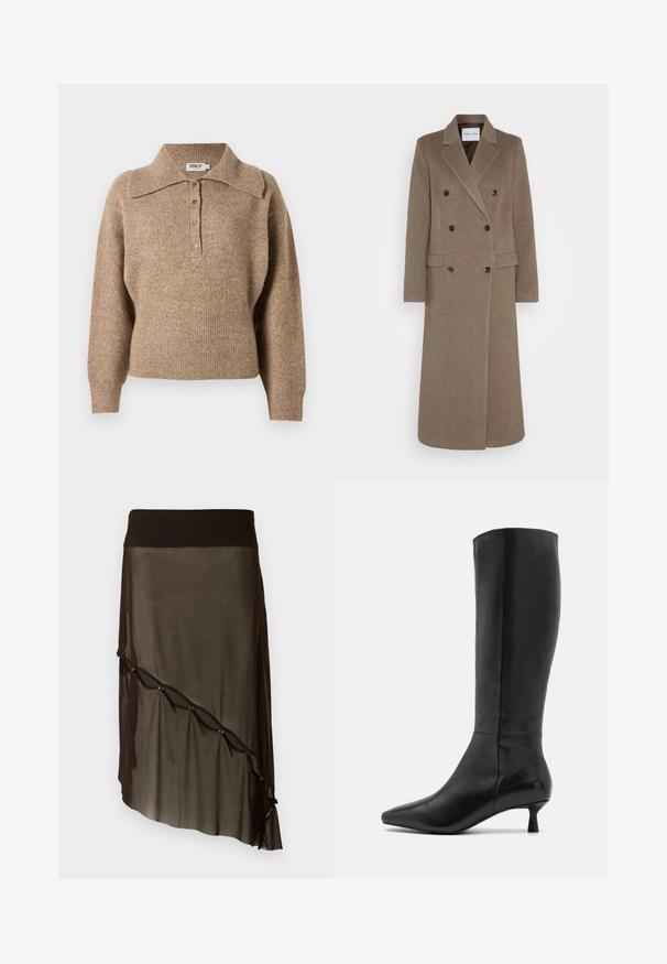 Kahe nööbiga pruun villa mantel, millel on soonilised kraed, kaks esist pocketit ja kontrastsed pruunid nööbid. Pikkus ulatub keskmise sääreni.; Pruun särk, millel on kraega kaelus, soonikuga mansetid ja äär. Omab nööpidega esist ja pehmet tekstuuri.; Must mustri seelik, millel on sobiv vöökoht, asümmeetriline äär, dekoratiivsed nupud ees ja kihiline läbipaistev tekstuur.; Zign Saapad - black