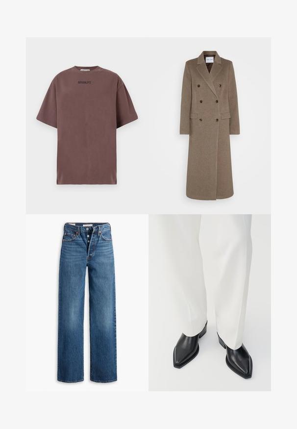 Dvojvrstni rjav volnen plašč z zareznimi ovratniki, dvema sprednjima žepoma in kontrastnimi rjavimi gumbi. Dolžina sega do polovičke meč.; Brahna bomba majica z ohlapnim krojem, krojem okoli vratu in kratkimi rokavi. Na prsih se nahaja črn napis "STIEGLITZ". Gladka tekstura.; Modri traper hlače širokega kroja, s petimi žepi, gumbnim zapiranjem in kontrastnim šivanjem. Tekstilirana tkanina z utrujenim koncem.; Črne ankle škornje s koničasto špico in gladkim usnjem, nizkimi blok petami, v kombinaciji z belimi širokimi hlačami. Preprost in moden dizajn.