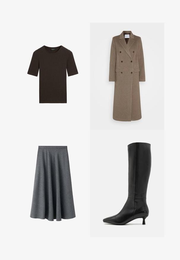 Dubbelsidig brun ullrock med spetsiga slag, två framfickor och kontrasterande bruna knappar. Längden når mitt på vaderna.; Mörkbrun kortärmad t-shirt med rund halsringning, enfaldig design med ribbad krage, märkt Massimo Dutti vid halsen.; Grå A-linje midi kjol gjord av texturerad ullblandning. Har en hög midja och en flödande, utfluten silhuett.; Zign Stövel - black