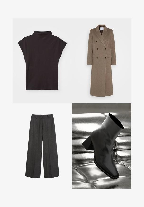 Doppelreiher brauner Wollmantel mit schmalen Revers, zwei vorderen Taschen und kontrastierenden braunen Knöpfen. Die Länge reicht bis zur Mitte der Waden.; Schwarzes kurzärmliges Rollkragenoberteil aus dehnbarem Stoff, mit entspannter Passform und glatter Textur, ohne sichtbare Muster oder Akzente.; Weite Hose aus dunkelgrauem Stoff. Verfügt über einen maßgeschneiderten Bund mit Gürtelschlaufen, glatter Textur und minimalen Nähakzenten.; Schwarzer Knöchelstiefel aus glänzendem Material mit quadratischer Zehenform und verjüngtem Absatz, vor einem glänzenden silbernen gepolsterten Hintergrund.