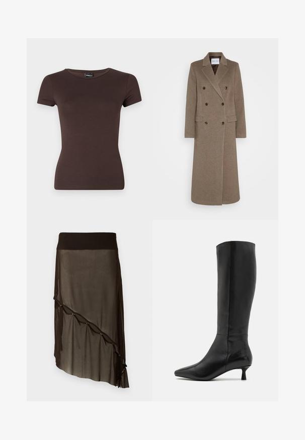 Double-breasted brown wool coat with notched lapels, two front pockets, and contrasting brown buttons. Length reaches mid-calf.; Brown short-sleeve t-shirt, made of soft fabric with a fitted design, featuring a round neckline and seamless shoulders.; Black mesh skirt with a fitted waistband, asymmetrical hem, decorative buttons along the front, and layered sheer texture.; Zign Boots - black