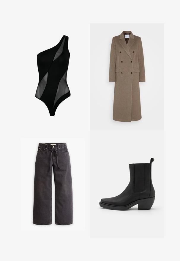 Kaksirivinen ruskea villakangastakki, jossa on viistetyt läpät, kaksi etutaskua ja kontrastoivat ruskeat napit. Pituus ulottuu puoleen sääristä.; Yhden olkaimen musta uimapuku, jossa yhdistyvät läpinäkyvät ja kiinteät paneelit, pehmeä koostumus ja vartalonmyötäinen muotoilu.; Mustat leveälahkeiset farkut, jotka on valmistettu denimistä, varustettu nyöri vyötäröllä, viidellä taskulla ja kontrastiväreillä koristelluilla saumoilla. Tasainen etuosa.; Mustat nahkaiset nilkkurit, joissa on joustavat sivupaneelit, kapeat varpaat ja tukevat korot. Teksturoitu pinta, jossa on sileä viimeistely.