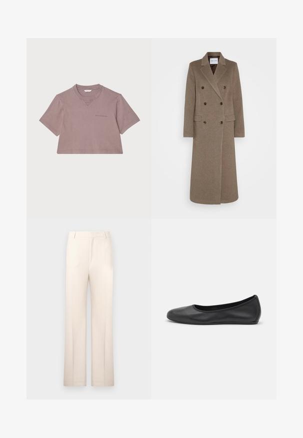 Kaksirivinen ruskea villakangastakki, jossa on viistetyt läpät, kaksi etutaskua ja kontrastoivat ruskeat napit. Pituus ulottuu puoleen sääristä.; Lyhythihainen t-paita pölyisessä mauvessa, valmistettu pehmeästä kankaasta. Ominaisuuksiin kuuluu pyöreä kaula-aukko, lyhyet hihat ja hillitty logo painettuna eteen.; Beige housut, joissa on suora lahjemalli, valmistettu kevyestä kankaasta. Ominaisuuksina etupleatit ja klassinen vyötärönauha.; Musta nahkainen ballerina, jossa on pyöristetty kärki, sileä pinta, minimaalinen ommelkoristelu ja joustava pohjamuotoilu.