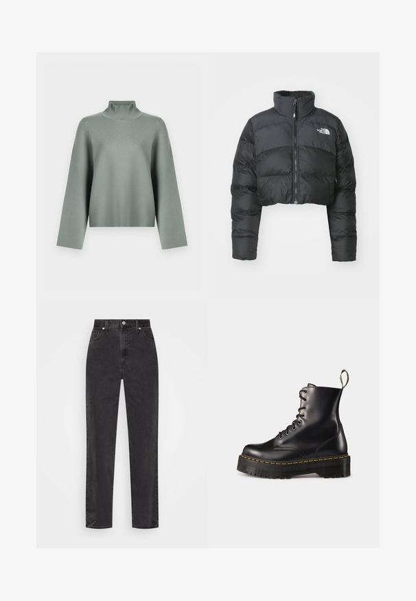 Afklippet sort pufferjakke med høj krave og frontlynlås. Har vandrette quiltede paneler og et lille logo på brystet.; Lys salviegrøn striktrøje med lange, brede ærmer og høj ribbet turtleneck-krave på hvid baggrund.; Sorte højtaljede jeans lavet af denim, med en lige bendesign, forlommer, lynlås og metalknaplukning.; Sorte læder snørebånd ankelstøvler med en kraftig sort sål og gul syning. Har en trækflap bagpå og runde metaløjer.