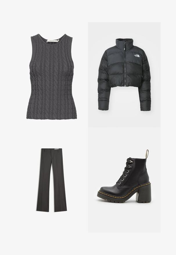 Giacca a vento nera accorciata con colletto alto e zip frontale. Presenta pannelli orizzontali trapuntati e un piccolo logo sul petto.; Top senza maniche grigio a lavorazione a trecce con scollatura rotonda, caratterizzato da un motivo testurizzato e una forma aderente. Etichetta del marchio visibile all'interno.; Pantaloni grigi a campana in un tessuto morbido, con vita piatta, passanti per la cintura e un design su misura con linee pulite.; Stivaletto in pelle nera con tacco alto chunky, lacci frontali, occhielli in metallo e cuciture gialle lungo la suola. Suola in gomma testurizzata.