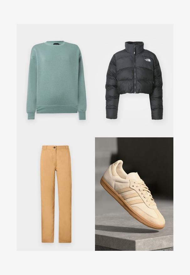 Kort svart puffjacka med hög krage och framdragkedja. Har horisontella kviltade paneler och en liten logotyp på bröstet.; Mintgrön sweatshirt i mjukt material, med rundad halsringning, långa ärmar med ribbad mudd och en avslappnad passform.; Ljusbruna chinos med rak passform, knäppning och sidofickor. Tyget är slätt med en matt yta.; Ljusbeige mockasneaker med gummisula, tre diagonala ränder och en texturerad tåhuvud. Har logotyp på tungan och sidan.