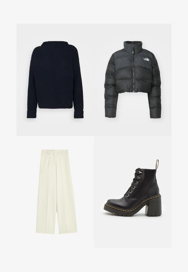 Korte zwarte pufferjack met een hoge kraag en een ritssluiting aan de voorkant. Beschikt over horizontaal gestikte panelen en een klein logo op de borst.; Navyblauwe gebreide sweater, met een hoge halslijn, geribbelde textuur en lange mouwen met omgeslagen boorden. Algehele relaxte pasvorm.; Wijduitlopende broek in off-white stof, met een soepel textuur, voorplooien en een rechte snit van taille tot zoom.; Zwarte leren enkelboot met een dikke hoge hak, vetersluiting aan de voorkant, metalen oogjes en gele stiksels langs de zool. Getextureerde rubberen zool.