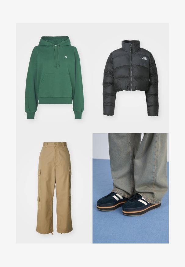 Kratká černá péřová bunda s vysokým límcem a předním zipem. Obsahuje horizontálně prošívané panely a malé logo na hrudi.; Carhartt WIP HOODED CASEY - Mikina s kapucí - sycamore tree/silver; Béžové cargo kalhoty s vysokým pasem, širokými nohavicemi a čtyřmi velkými bočními kapsami. Vyrobené z odolné tkaniny s hladkým povrchem a minimálními detaily.; Tmavě modré semišové platformové tenisky s bílými pruhy a černými tkaničkami. Mají silnou hnědou gumovou podešev. Noseny se světle modrými džíny.