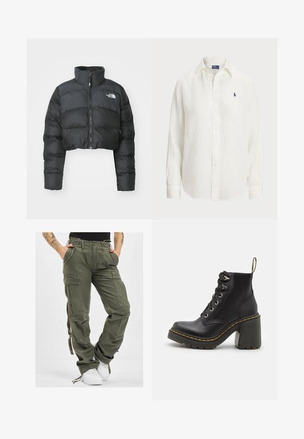Krótkia czarna kurtka puchowa z wysokim kołnierzem i zamkiem błyskawicznym z przodu. Posiada poziome pikowane panele oraz małe logo na klatce piersiowej.; Biała lniana koszula z długimi rękawami, z kołnierzykiem zapinanym na guziki oraz guzikami z przodu. Posiada małe niebieskie wyszywane logo na piersi.; Zielone oliwkowe spodnie cargo z wieloma kieszeniami, z elastycznym paskiem i luźnym krojem. Tkanina ma miękką teksturę i solidny, trwały wygląd.; Czarne skórzane botki za kostkę z masywnym wysokim obcasem, sznurówką z przodu, metalowymi oczkami i żółtym przeszyciem wzdłuż podeszwy. Teksturowana gumowa podeszwa.