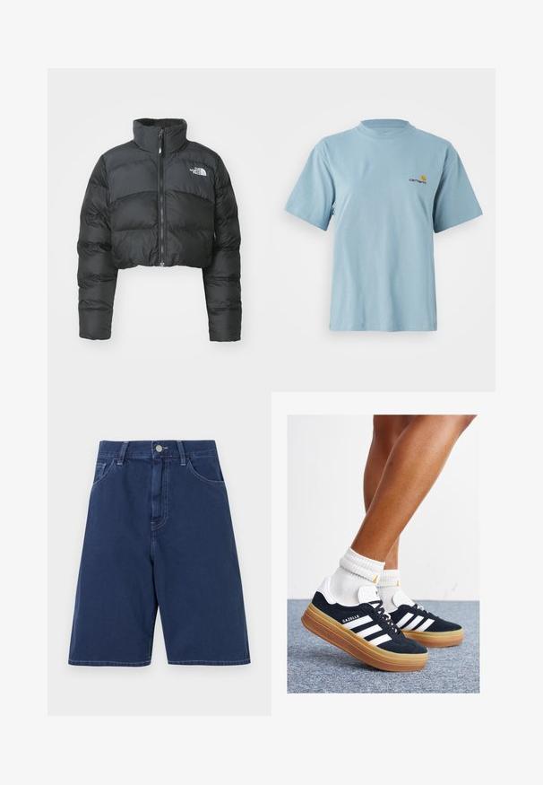 Gekürzte schwarze Daunenjacke mit hohem Kragen und Vorderreißverschluss. Sie verfügt über horizontale Stepppaneele und ein kleines Logo auf der Brust.; Himmelblaues kurzärmeliges Baumwoll-T-Shirt mit Rundhalsausschnitt und kleinem gelben und roten Carhartt-Logo auf der linken Brust.; Marineblaue Denim-Shorts mit einem traditionellen Fünf-Taschen-Design, Gürtelschlaufen und einem Frontknopfverschluss. Glatte Textur mit sichtbaren Nähten.; Schwarze Wildledersneaker mit weißen Streifen und Akzenten, rundlicher Zehenbereich, Sohlen aus braunem Gummi, kombiniert mit weißen, gerippten Sneakersocken.