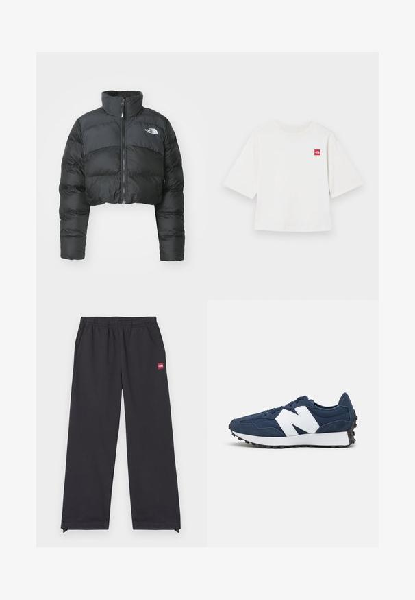 Chaqueta de plumas negra recortada con un alto cuello y cremallera frontal. Presenta paneles acolchados horizontales y un pequeño logo en el pecho.; Camiseta de manga corta blanca de algodón. Presenta un pequeño logo cuadrado rojo en la parte izquierda del pecho. Corte recto. Textura suave.; Pantalones deportivos negros de tela suave, con un corte holgado, cinturilla elástica, bolsillos laterales y una pequeña etiqueta de logo roja en la parte frontal.; Zapatillas deportivas azul marino con logo blanco, parte superior de ante y malla, que cuentan con un cuello acolchado, cordones planos y suela de goma negra texturizada.