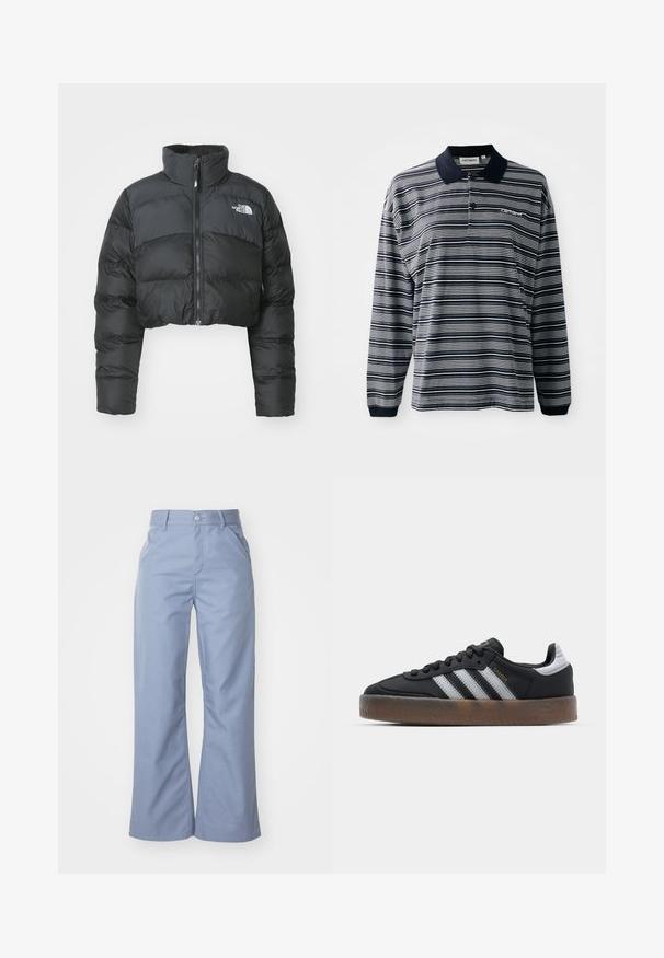 Lyhyet musta untuvapuku, jossa on korkea kaulus ja etuvetoketju. Ihon vaakasuorat tikkauspaneelit ja pieni logo rinnassa.; Paita polo lanka dài tay sọc xanh navy và trắng, chất liệu cotton, có cổ, hàng ba cúc, và một logo thêu nhỏ trên ngực.; Vaaleansiniset leveät housut, joissa on sileä puuvillasekoitekangas, edessä taskut ja napitus vyötäröllä.; Mustat urheilukengät, joissa on sulava muotoilu, kolme valkoista raitaa, musta kieli ja teksturoitu ruskea kumipohja. Kullanvärisiä yksityiskohtia.