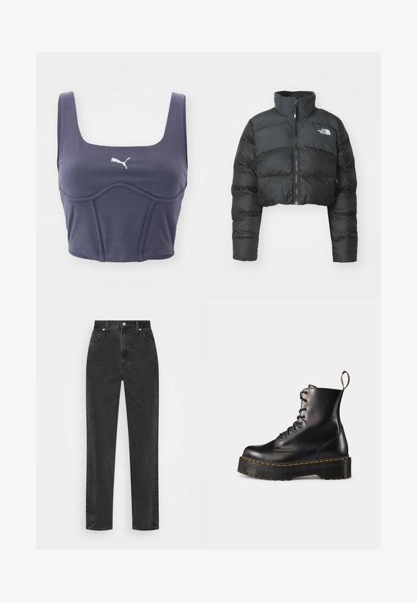 Giacca a vento nera accorciata con colletto alto e zip frontale. Presenta pannelli orizzontali trapuntati e un piccolo logo sul petto.; Top sportivo blu navy con scollatura quadrata, con logo Puma bianco e tessuto testurizzato con cuciture a pannello per un design aderente.; Jeans in denim nero a gamba dritta con vita alta, bottone e cerniera frontali, e cinque tasche su uno sfondo bianco.; Stivali alla caviglia in pelle nera con lacci, dotati di una suola nera spessa e cuciture gialle. Presentano una linguetta sul retro e occhielli metallici circolari.