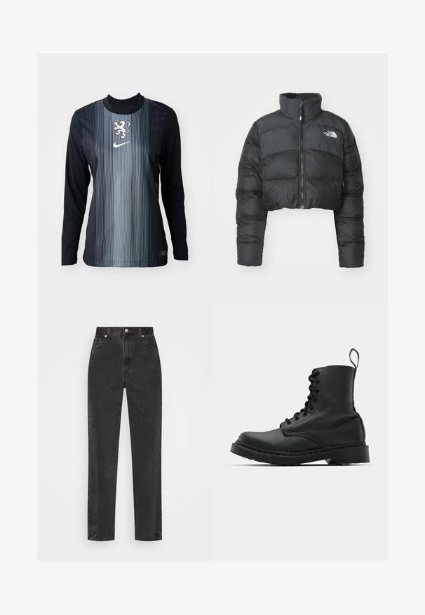 Kort svart puffjacka med hög krage och framdragkedja. Har horisontella kviltade paneler och en liten logotyp på bröstet.; Långärmad skjorta i svart och grått med vertikala ränder, med ett lejonemblem och Nike-logotyp på bröstet. Slät textur, atletisk passform.; Svarta jeans med rak benstil och hög midja, framknapp och dragkedja, samt fem fickor mot en vit bakgrund.; Svart läderkampsko med rund tå, snörning fram och dragflik vid vristen. Har en tjock gummisula för hållbarhet.