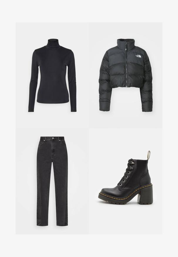 Gekürzte schwarze Daunenjacke mit hohem Kragen und Vorderreißverschluss. Sie verfügt über horizontale Stepppaneele und ein kleines Logo auf der Brust.; Schwarzes Langarm-Turtleneck-Oberteil aus einem glatten, dehnbaren Stoff. Hat ein figurbetontes Design und einen hohen Kragen. Minimalistischer Stil, keine sichtbaren Muster.; Schwarze Denim-Jeans mit geradem Bein, hoher Taille, vorderem Knopf und Reißverschluss sowie fünf Taschen auf weißem Hintergrund.; Schwarze Lederstiefelette mit einem klobigen hohen Absatz, Schnürung vorne, metallischen Ösen und gelben Nähten entlang der Sohle. Strukturierten Gummiaußensohle.