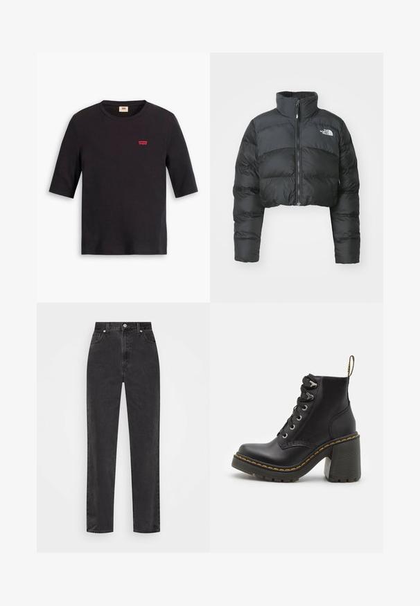 Skrajno črno puhovko s visokim ovratnikom in sprednjim zadrgo. Ima vodoravne prešite panele in majhen logotip na prsih.; Črni bombažni T-shirt z okroglim izrezom in kratkimi rokavi. Ima majhen rdeč logotip Levi's na prsih. Mehka tekstura.; Črne denim hlače s ravnimi nogami in visokim pasom, sprednjim gumbom in zadrgo ter petimi žepi na belem ozadju.; Črne usnjene gležnarske škornje z masivnim visokim petami, vezanjem spredaj, kovinskimi luknjicami in rumenim šivom ob podplatu. Teksturiran gumijast podplat.