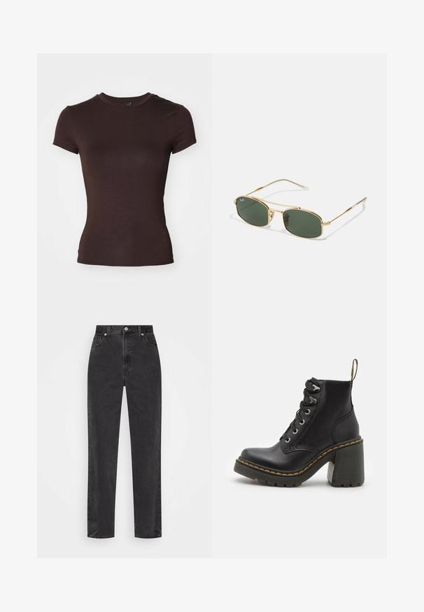 Afklippet sort pufferjakke med høj krave og frontlynlås. Har vandrette quiltede paneler og et lille logo på brystet.; Brun kortærmet t-shirt med rund halsudskæring, lavet af et glat, letvægtsstof, med en tætsiddende pasform og uden synlige mønstre.; Sorte denim jeans med lige ben, høj talje, foran knap og lynlås, samt fem-lomme stil på en hvid baggrund.; Sorte læder ankelstøvler med en kraftig høj hæl, snørebånd foran, metaløjer og gule sting langs sålen. Tekstureret gummisål.; Guld metal solbriller med grønne linser, der har en kantet form og slanke stænger. Designet omfatter en tynd ramme og diskret branding på linsen.