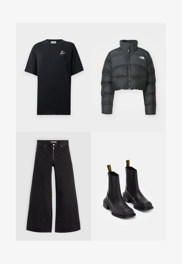 Afklippet sort pufferjakke med høj krave og frontlynlås. Har vandrette quiltede paneler og et lille logo på brystet.; Sort kortærmet t-shirt lavet af bomuld. Har et hvidt logo på venstre brystområde. Rund hals og løs pasform. Ensartet tekstur.; Vide ben jeans i sort denim med lynlås foran, fem lomme-design og subtile stikninger. Glat tekstur og afslappet stil.; Sorte ankelstøvler lavet af glat læder med elastiske sidepaneler, en kvadratisk tå og en kraftig hæl. Udstyret med gule mærkeforankringssløjfer.