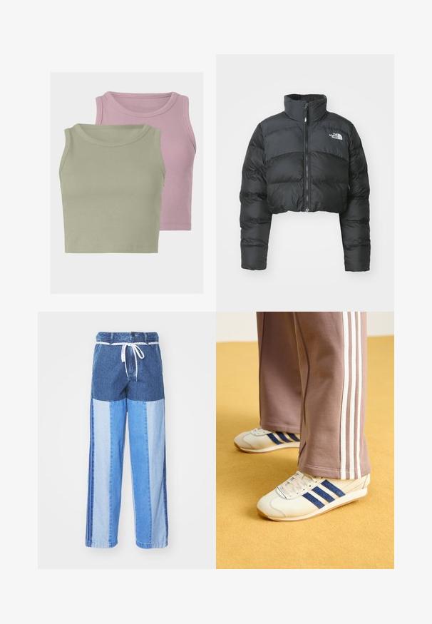 Afklippet sort pufferjakke med høj krave og frontlynlås. Har vandrette quiltede paneler og et lille logo på brystet.; To sove ribbede crop tops uden ærmer, en i lys grøn og en i lys pink, der fremviser blød tekstur og runde halsudskæringer.; Blå denimbukser med et patchwork-design i forskellige nuancer af blå, snor i taljen og løse, lige ben.; Creme sneakers med blå ruskindstriber, hvide snørebånd og gummisål. Parret med grå sweatpants med hvide sidestiber.
