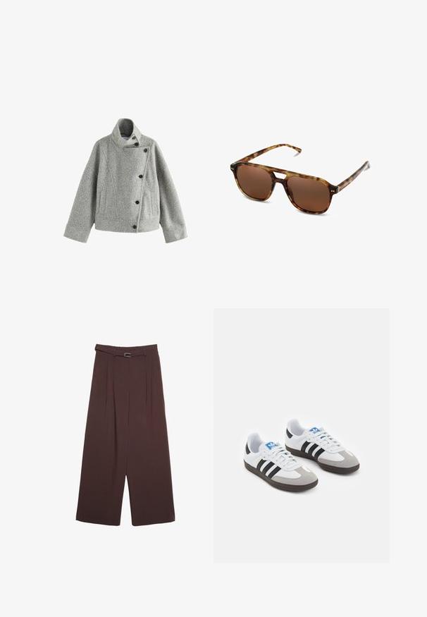 Gepolsterte olivgrüne Bomberjacke mit geripptem Kragen, Druckknöpfen und elastischen Bündchen. Sie verfügt über ein strukturiertes Rautenmuster und seitliche Taschen.; Grau Wolle Jacke mit hohem Kragen, diagonaler Vorderseite und fünf schwarzen Knöpfen. Verfügt über Seitentaschen und strukturierte Nähte.; Weißes T-Shirt mit kurzen Ärmeln aus Baumwolle. Hat einen Rundhalsausschnitt und eine lockere Passform. Glatte Textur ohne sichtbare Muster oder Akzente.; Stradivarius WIDE-LEG WITH BUCKLE DETAIL - Stoffhose - dark brown; Sportschuhe mit einem Obermaterial aus weißem Leder, grauer Wildleder-Zehenkappe und drei schwarzen Streifen. Sie verfügen über ein blaues Logo auf der Zunge und eine strukturierte Gummisohle.; Schildpatt-Sonnenbrille mit braunen Gläsern, rechteckiger Form und dünnen Bügeln. Verfügt über subtile metallische Akzente im Gestell.