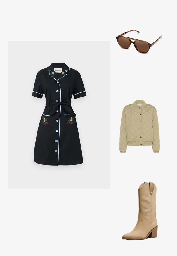 Giacca bomber trapuntata verde oliva con colletto a costine, bottoni a pressione e polsini elasticizzati. Presenta un motivo esagonale testurizzato e tasche laterali.; Helmstedt FIONA DRESS - Abito a camicia - black; T-shirt bianco a maniche corte realizzato in cotone. Presenta un collo tondo e una vestibilità rilassata. Texture liscia senza motivi o dettagli visibili.; Bershka HIGH-HEEL - Stivali texani / biker - beige; Occhiali da sole tartarugati con lenti marroni, forma rettangolare e aste sottili. Presentano accenti metallici sottili sulla montatura.