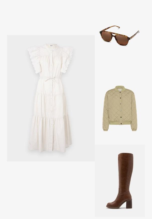 Prošívaná olivově zelená bomber bunda s žebrovaným límcem, patentními knoflíky a elastickými manžetami. Má strukturovaný diamantový vzor a postranní kapsy.; Bílé midi šaty s vrstveným designem, knoflíkovou přední částí a krajkovými volány na rukávech. Vyrobené z lehké tkaniny s detailem na zavazování v pase.; Bílý krátký rukáv tričko vyrobené z bavlny. Má kulatý výstřih a volný střih. Hladký materiál bez viditelných vzorů nebo akcentů.; Hnědé kozačky po kolena vyrobené z hladké umělé kůže, s kulatou špičkou, blokovým podpatkem s vertikálními drážkami a minimalistickým designem.; Sluneční brýle v želvovinovém designu s hnědými skly, obdélníkovým tvarem a tenkými rameny. Rám má jemné kovové akcenty.