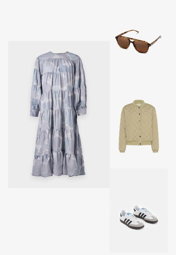 Prošívaná olivově zelená bomber bunda s žebrovaným límcem, patentními knoflíky a elastickými manžetami. Má strukturovaný diamantový vzor a postranní kapsy.; Modrá vrstvená šaty z měkké tkaniny. Má kulatý výstřih, dlouhé rukávy s nařasenými manžetami a volánkový lem.; Bílý krátký rukáv tričko vyrobené z bavlny. Má kulatý výstřih a volný střih. Hladký materiál bez viditelných vzorů nebo akcentů.; Sportovní boty s bílým koženým svrškem, šedou semišovou špičkou a třemi černými pruhy. Obsahují modré logo na jazyku a texturovanou gumovou podrážku.; Sluneční brýle v želvovinovém designu s hnědými skly, obdélníkovým tvarem a tenkými rameny. Rám má jemné kovové akcenty.