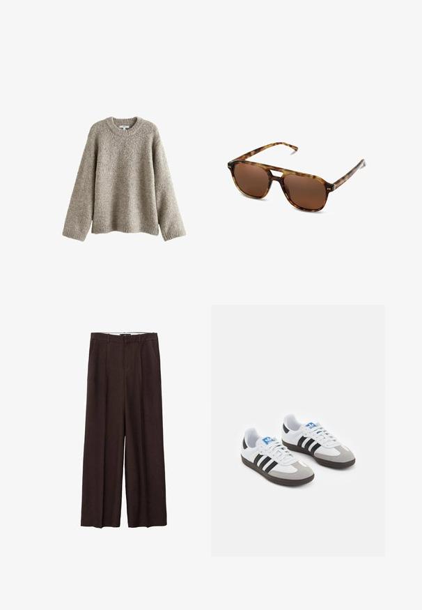 Gevoerd olijfgroen bomberjack met een geribde kraag, drukknoopsluiting en elastische manchetten. Beschikt over een gestructureerd ruitpatroon en zijkappen.; Lichtbruine, gestructureerde trui met een ronde halslijn, verlaagde schouders en lange mouwen; gemaakt van een zachte, pluizige stof.; Witte korte mouwen t-shirt van katoen. Heeft een ronde halslijn en een ontspannen pasvorm. Glad textuur zonder zichtbare patronen of accenten.; Bruine linnen wijde broek met een vlakke voorkant, twee zijzakken en een op maat gemaakte stijl, die een ontspannen, vloeiende silhoët biedt.; Sportschoenen met een witte leren bovenkant, grijze suède neus en drie zwarte strepen. Bevat een blauw logo op de tong en een gestructureerde rubberen zool.; Tortoishell zonnebril met bruine lenzen, rechthoekige vorm en dunne pootjes. Heeft subtiele metallic accenten op het frame.