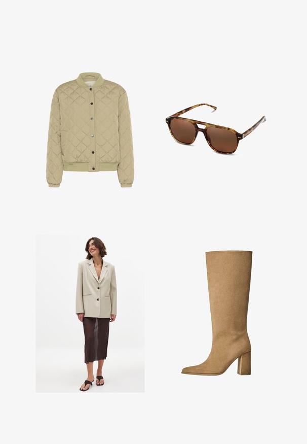 Quiltet olivengrøn bomberjakke med ribbet krave, snapknapper og elastiske manchetter. Har et struktureret diamantmønster og sidelommer.; Hvid kortærmet t-shirt lavet af bomuld. Har en rund halsudskæring og en afslappet pasform. Glat tekstur uden synlige mønstre eller detaljer.; Beige oversized blazer med en spids klap og to knapper, parret med en gennemsigtig brun midi-nederdel og brune slip-on sandaler.; Tan ruskinds knæhøje støvler med blokhæle, der har en spids tå og en glat overflade. Minimalistisk design uden udsmykninger.; Skildpaddemønstrede solbriller med brune linser, rektangulær form og tynde arme. Har subtile metalliske accenter på rammen.