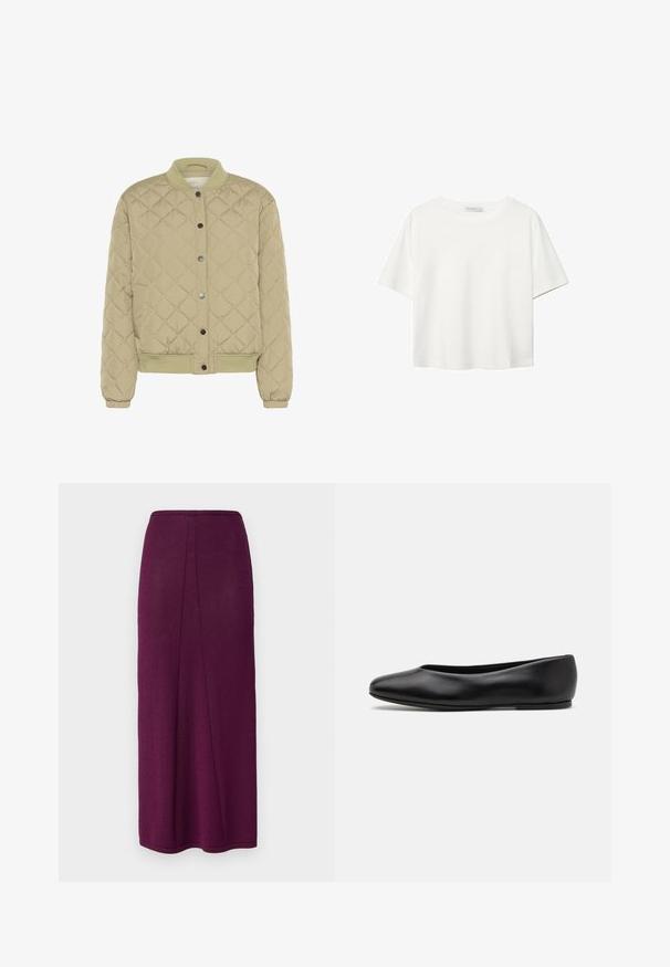 Vatterad olivgrön bomberjacka med ribbad krage, tryckknappar och elastiska ärmslut. Har ett strukturerat diamantmönster och sidofickor.; Vit t-shirt med kort ärm i bomull. Har en rundad halsringning och en avslappnad passform. Slät textur utan synliga mönster eller detaljer.; Stickad maxikjol i djup lila med rak silhuett, med en bakre slits för ökad rörelse och en mjuk finish.; Paul Smith TOPANGA - Ballerinaskor - black