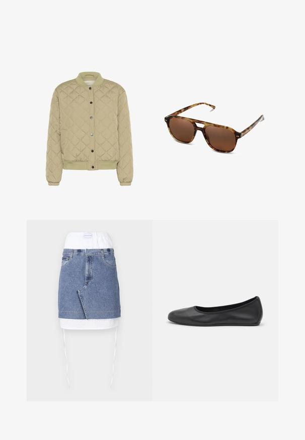 Pikowana bomberka w oliwkowym kolorze z prążkowanym kołnierzem, zatrzaskami i elastycznymi mankietami. Posiada teksturowany wzór w romby oraz, kieszenie po bokach.; Biała koszulka z krótkim rękawem, wykonana z bawełny. Posiada okrągły dekolt i luźny krój. Gładka faktura bez widocznych wzorów czy akcentów.; Spódnica dżinsowa o niebieskim kolorze, z białą perforowaną talią i sznurkami do regulacji. Posiada kieszenie z przodu oraz prosty krój z surowym końcem.; Czarne skórzane baletki z zaokrąglonym noskiem, gładką fakturą, minimalnymi przeszyciami i elastycznym designem podeszwy.; Okulary przeciwsłoneczne w desenie żółwia z brązowymi soczewkami, prostokątnym kształtem i cienkimi zausznikami. Charakteryzują się subtelnymi metalicznymi akcentami na oprawie.