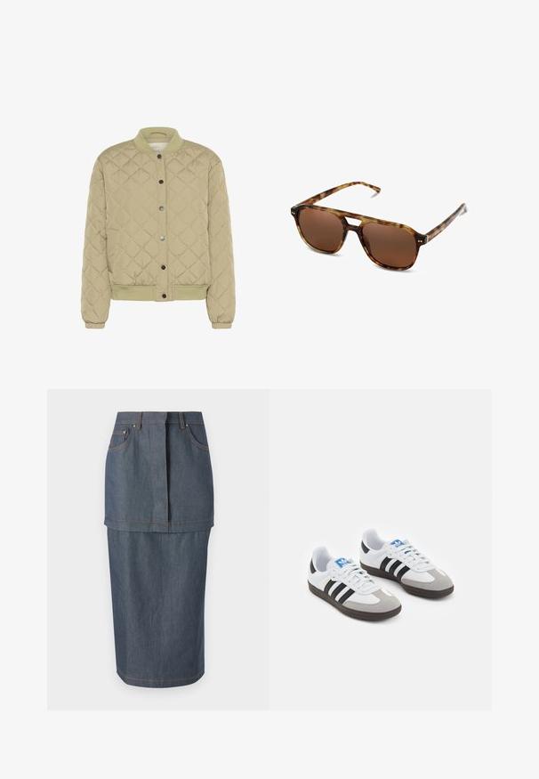 Vihreä palttinabomber-takki jossa on resorikaulus, painonappikiinnitys ja joustavat hihansuut. Takissa on teksturoitu timanttikuvio ja sivutaskut.; Valkoinen lyhythihainen T-paita, joka on tehty puuvillasta. Siinä on pyöreä kaula-aukko ja rento malli. Silkkinen pinta ilman näkyviä kuvioita tai koristeita.; Farkkuhame tummansinertävällä sävyllä, jossa on etutaskut, istuva vyötärö ja polvimittainen leikkaus, jota korostaa kontrastivärinen ommel.; Urheilukengät, joissa on valkoinen nahkainen päällinen, harmaa mokkanokka ja kolme mustaa raitaa. Ominaisuuksina sininen logo kielekkeessä ja kuvioitu kumipohja.; Kilpikonnakuosiset aurinkolasit ruskeilla linsseillä, suorakulmainen muoto ja ohuet sangan osat. Kehyksissä on hienovaraisia metallikoristeluja.