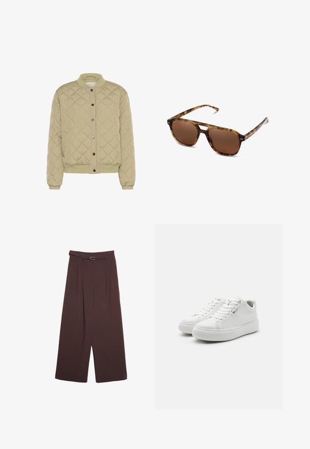 Prošívaná olivově zelená bomber bunda s žebrovaným límcem, patentními knoflíky a elastickými manžetami. Má strukturovaný diamantový vzor a postranní kapsy.; Bílý krátký rukáv tričko vyrobené z bavlny. Má kulatý výstřih a volný střih. Hladký materiál bez viditelných vzorů nebo akcentů.; Stradivarius WIDE-LEG WITH BUCKLE DETAIL - Kalhoty - dark brown; Bílé nízké tenisky s hladkým plátěným svrškem, kulatou špičkou a silnou gumovou podrážkou. Mají šněrování vpředu a minimalistický design.; Sluneční brýle v želvovinovém designu s hnědými skly, obdélníkovým tvarem a tenkými rameny. Rám má jemné kovové akcenty.