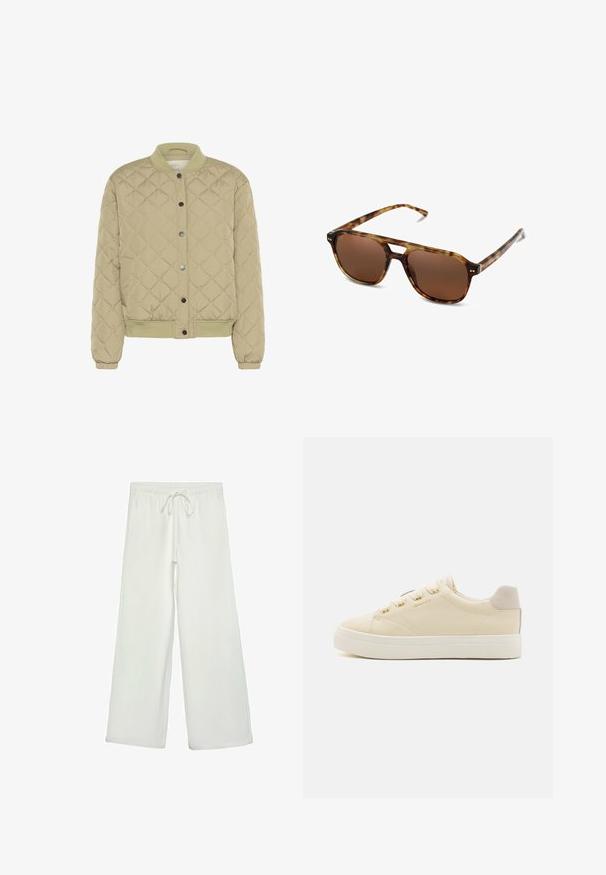 Vihreä palttinabomber-takki jossa on resorikaulus, painonappikiinnitys ja joustavat hihansuut. Takissa on teksturoitu timanttikuvio ja sivutaskut.; Valkoinen lyhythihainen T-paita, joka on tehty puuvillasta. Siinä on pyöreä kaula-aukko ja rento malli. Silkkinen pinta ilman näkyviä kuvioita tai koristeita.; Valkoiset leveälahkeiset housut pehmeästä kankaasta. Varustettu joustavalla vyötäröllä ja nyörillä sekä sileällä pinnalla. Ei näkyviä kuvioita tai tarvikkeita.; Vaaleanbeige nahkainen tennari, jossa on sileä pinta, pyöreä kärki, litteä valkoinen pohja ja kultaiset yksityiskohdat. Harmaa nobuk-kantatuki. GANT-logo sivussa.; Kilpikonnakuosiset aurinkolasit ruskeilla linsseillä, suorakulmainen muoto ja ohuet sangan osat. Kehyksissä on hienovaraisia metallikoristeluja.